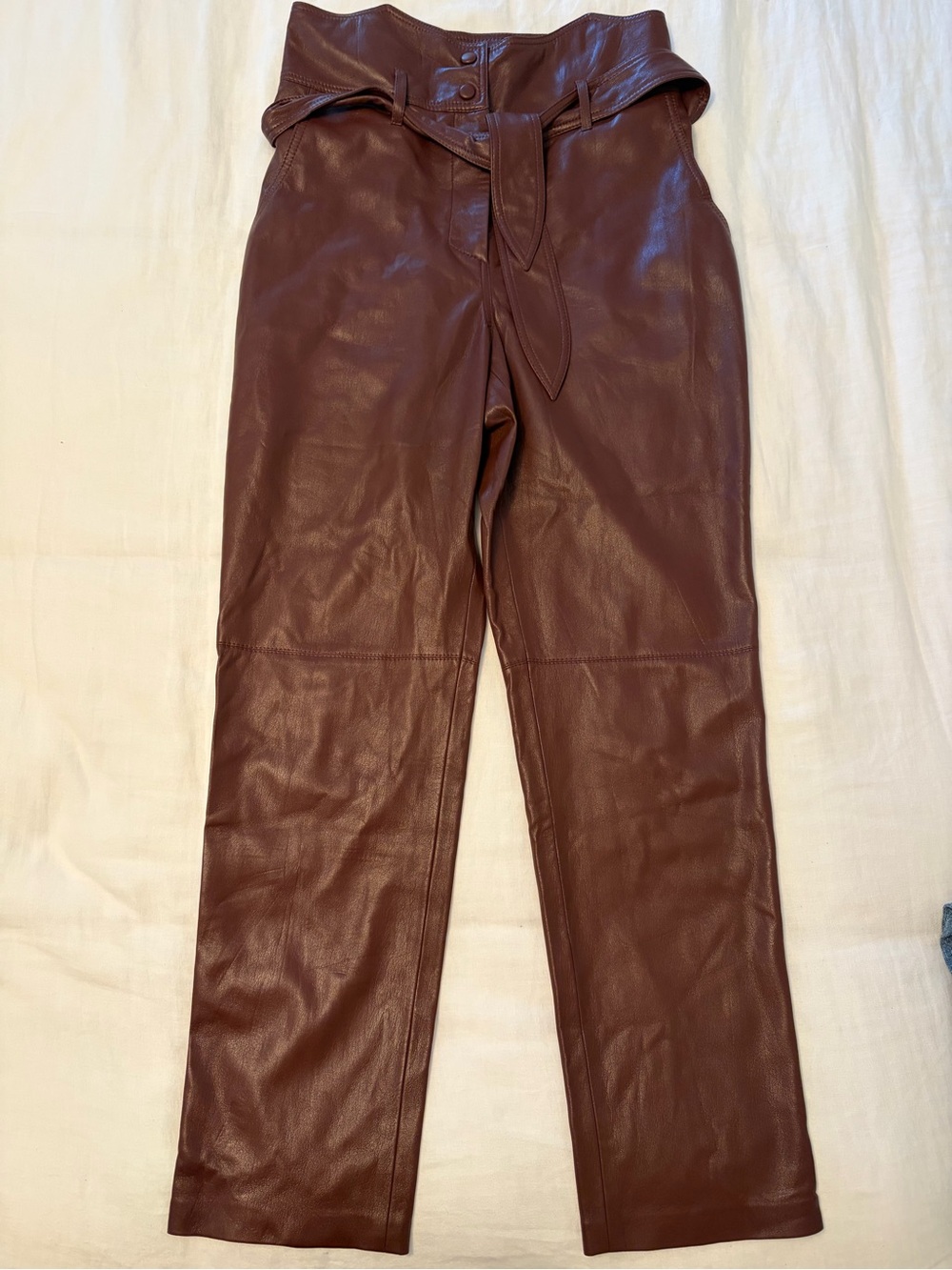 Nanushka Brown Leather High-Rise Trousers with Tie Belt